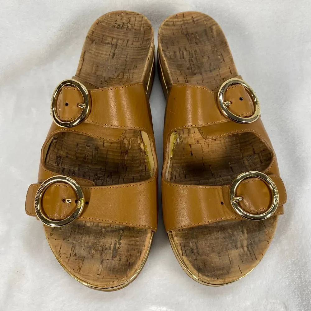 Michael Kors‎ Tan Leather Double Buckle Cork Platform Sandals Slides Sz 7-flaw